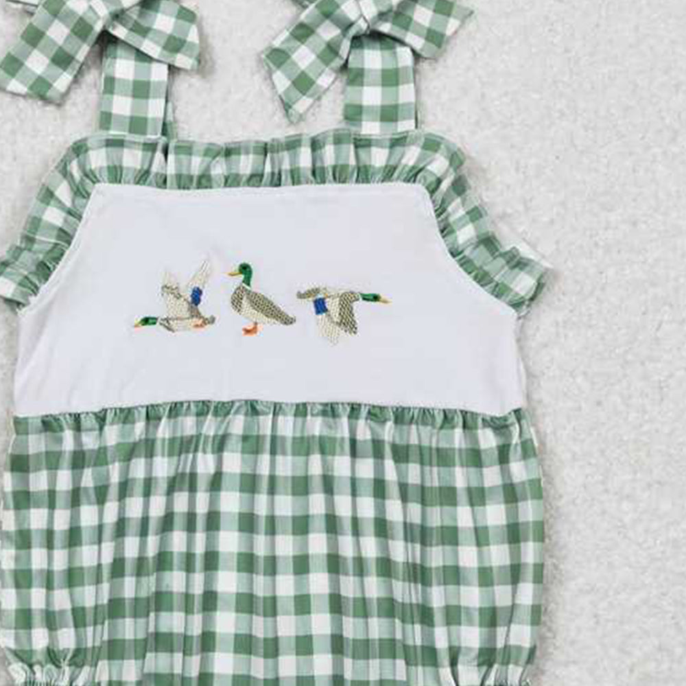 4.30 SR1065 RTS NO MOQ Green plaid straps duck baby girls summer romper