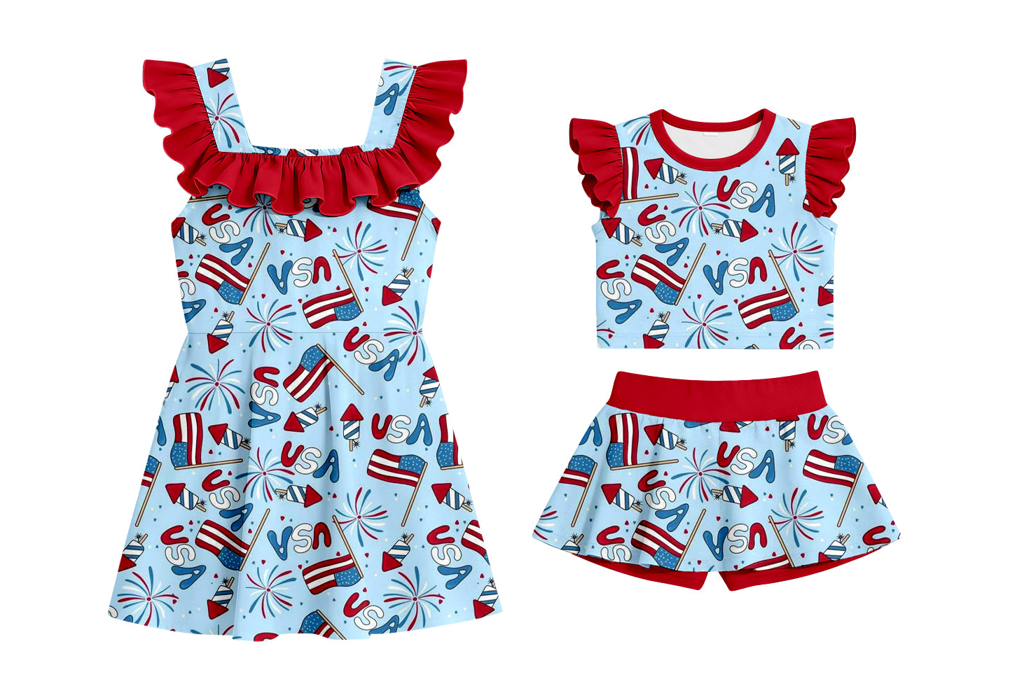 CUSTOM MOQ 5 Sibling Baby Girls Sleeveless July 4th Shorts Set Knee Length Dresses Clothes Sets