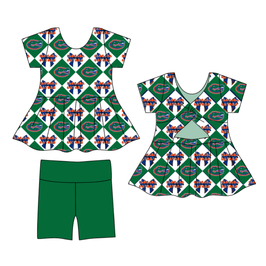 CUSTOM MOQ 5 Baby Girl Clothes Green Bow Plaid Team Short Sleeve Shorts Yoga Active Clothes Sets