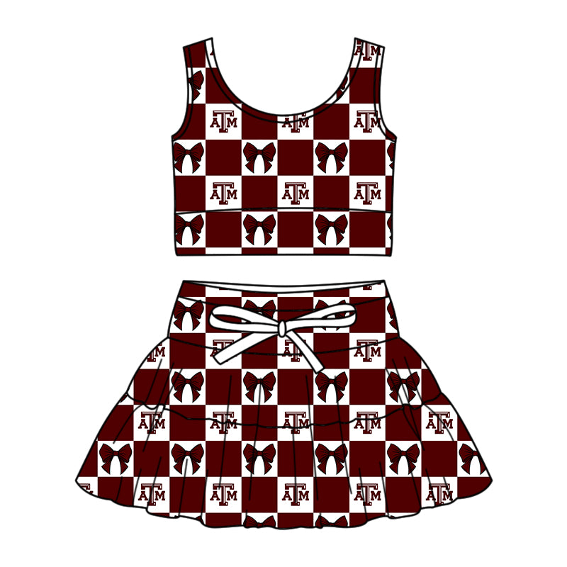CUSTOM MOQ 5 Kids Clothing for Girls Baby Girls Dark Red T Bow Top Skirts Yoga Active Team Clothes Sets
