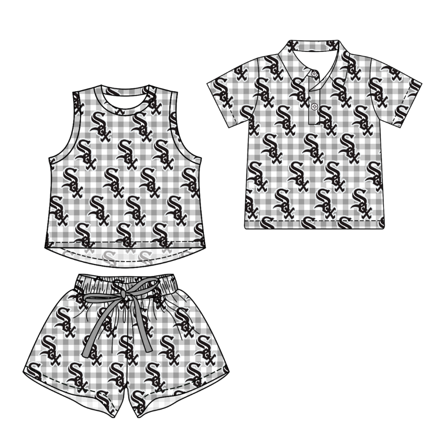 3.14 CUSTOM MOQ 5 Sibling Boys Baby Girls Summer Fashion Gray Check Sleeveless Top Shorts Button Polo Shirts Team Clothes Sets