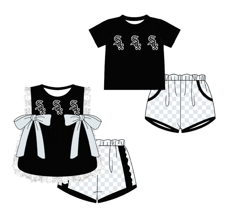 CUSTOM MOQ 5 Cute Comfortable Clothing For Kids Sibling Boys Baby Girls Summer Black Bow Top Gray Checked Shorts Team Clothes Sets