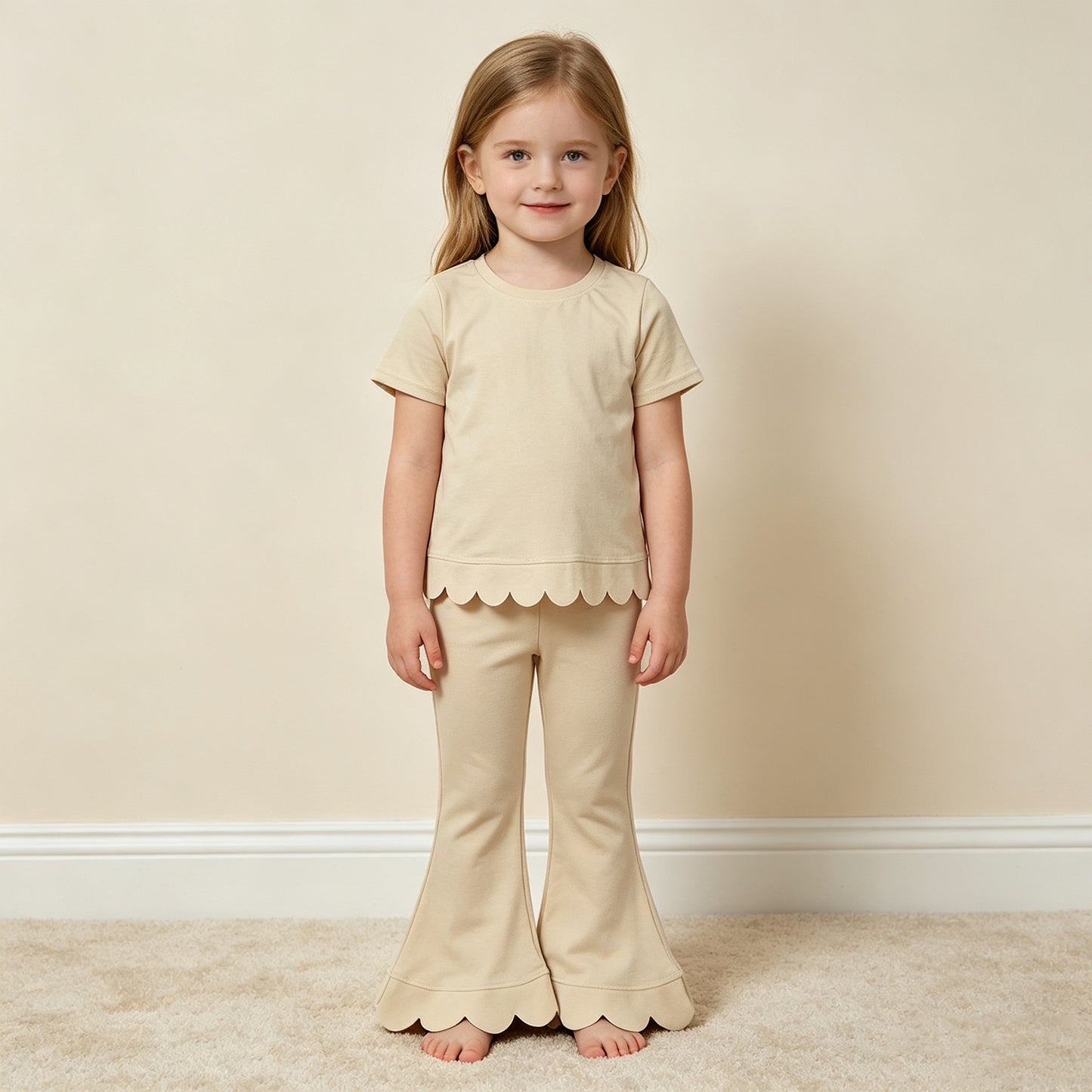 RTS NO MOQ (In stock)cotton GSPO2340(GT1770+P1078)Baby Girls White Short Sleeve Shirts Top Flare Pant Scallop Sets