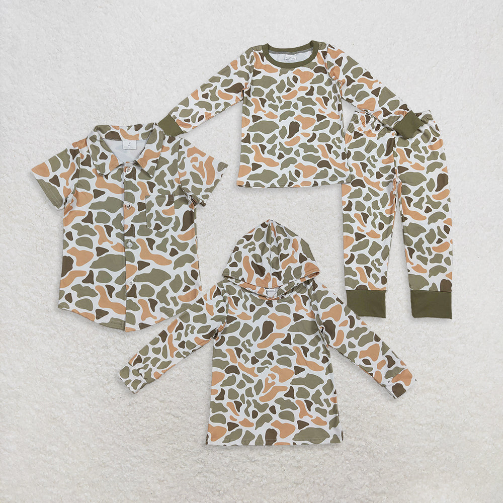 RTS Sibling Baby Boys Green Orange Camouflage Long Sleeve Baby Kids Pajamas Hoodie Shirt Comfortable Sleepwear for Children