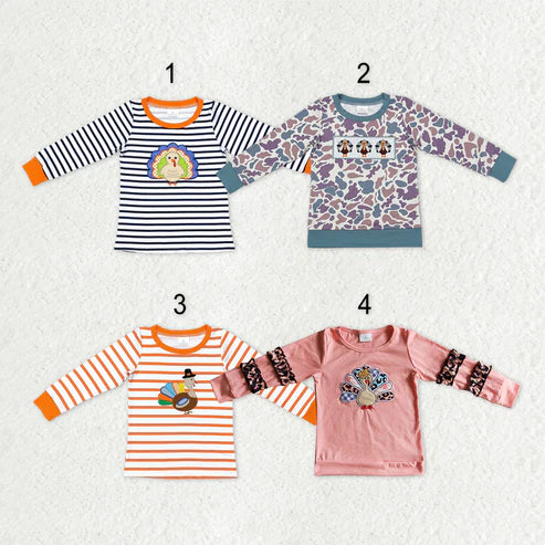 9.25 RTS Sibling Baby Boys Girls Embroidery Turkey Thanksgiving Tee Shirts Top