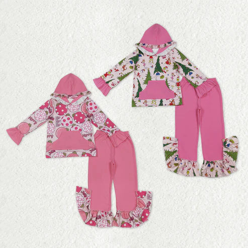 10.13 RTS Sibling Baby Girls Pink Lights Grin Plaid Pocket Hoodies Ruffle Bell Pants Christmas Clothes Sets