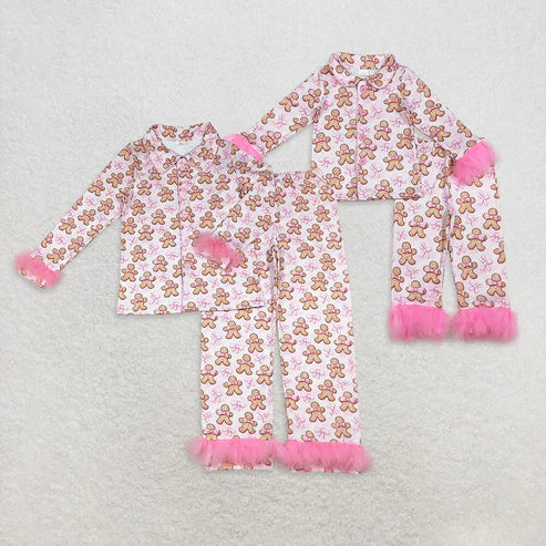 10.10 RTS Silbing Mama and Me Pink Bows Gingerbread Button Top Pants Christmas Fur Pajamas Sets