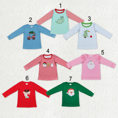 9.25 RTS Sibling Baby Boys Girls Embroidery Santa Trees Deer Christmas Tee Shirts Top