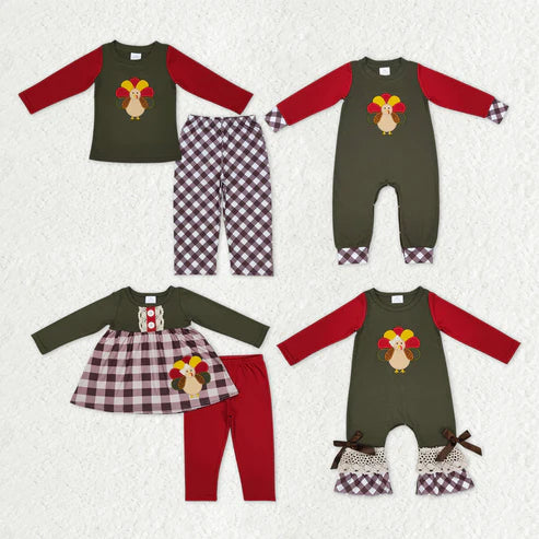 9.19 RTS Sibling Baby Kids Embroidery Turkey Thanksgiving Clothes Sets Footie Rompers