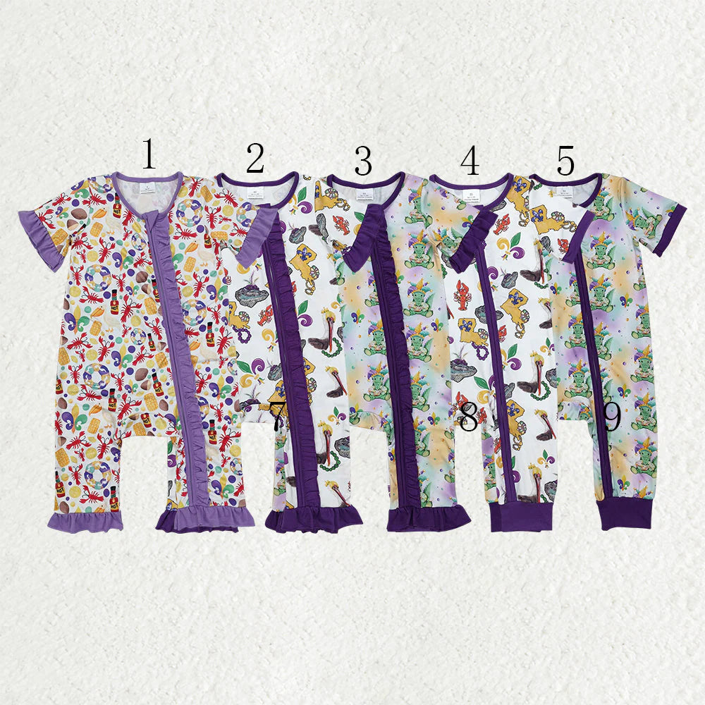 10.22 RTS Sibling Baby Boys Girls Short Sleeves Mardigras Zipper Footie Rompers