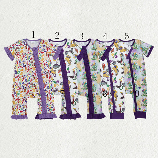 10.22 RTS Sibling Baby Boys Girls Short Sleeves Mardigras Zipper Footie Rompers