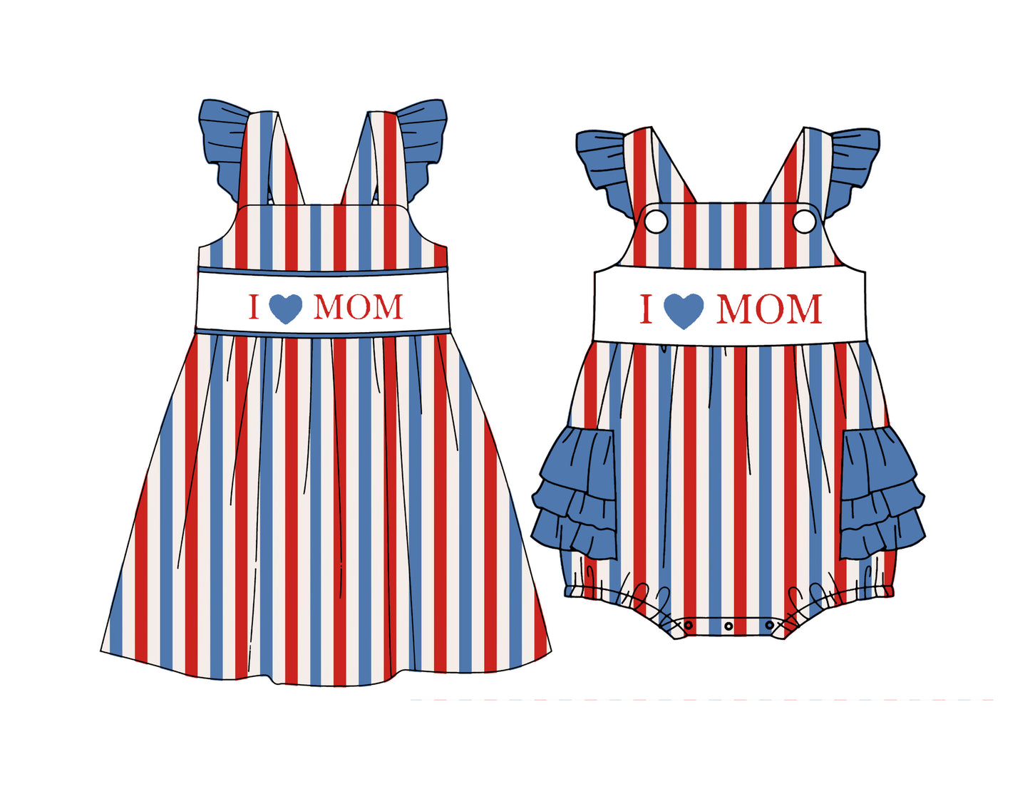 CUSTOM MOQ 5 Sibling Baby Girls Summer I Love MoM Stripe Flutter Sleeve Knee Length Dresses Ruffle Rompers