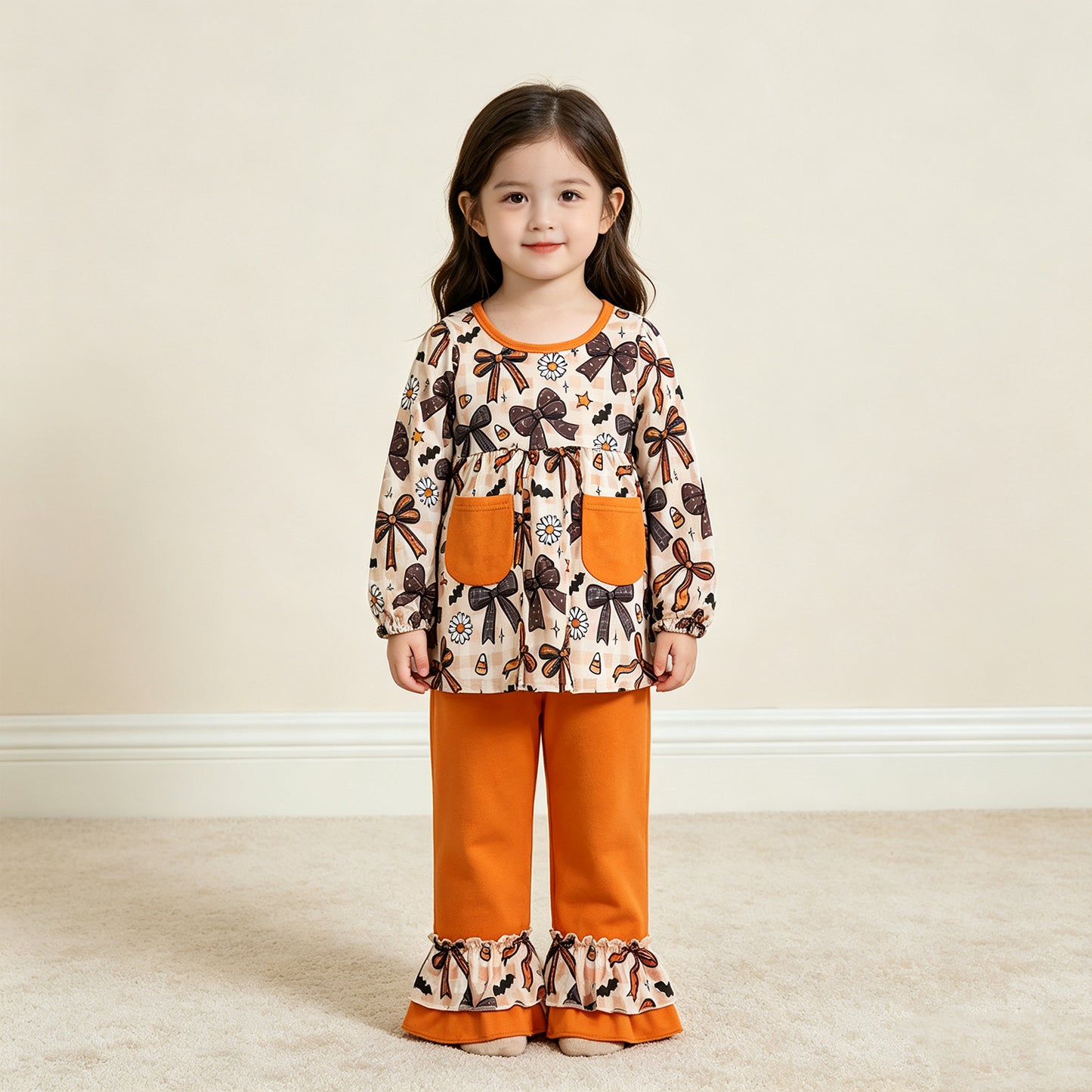 RTS NO MOQ (In stock)milk silk GLP3534 Baby Girls Halloween Bat Floral Print Pocket Tunic Top Ruffle Hem Pants Clothes Set