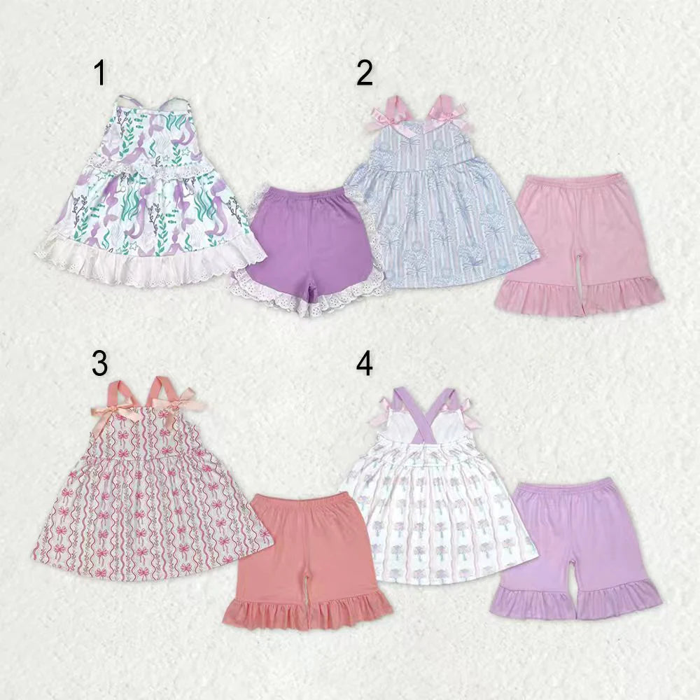 10.1 RTS Sibling Baby Girls Strap Flowers Tunic Ruffle Shorts Clothes Sets