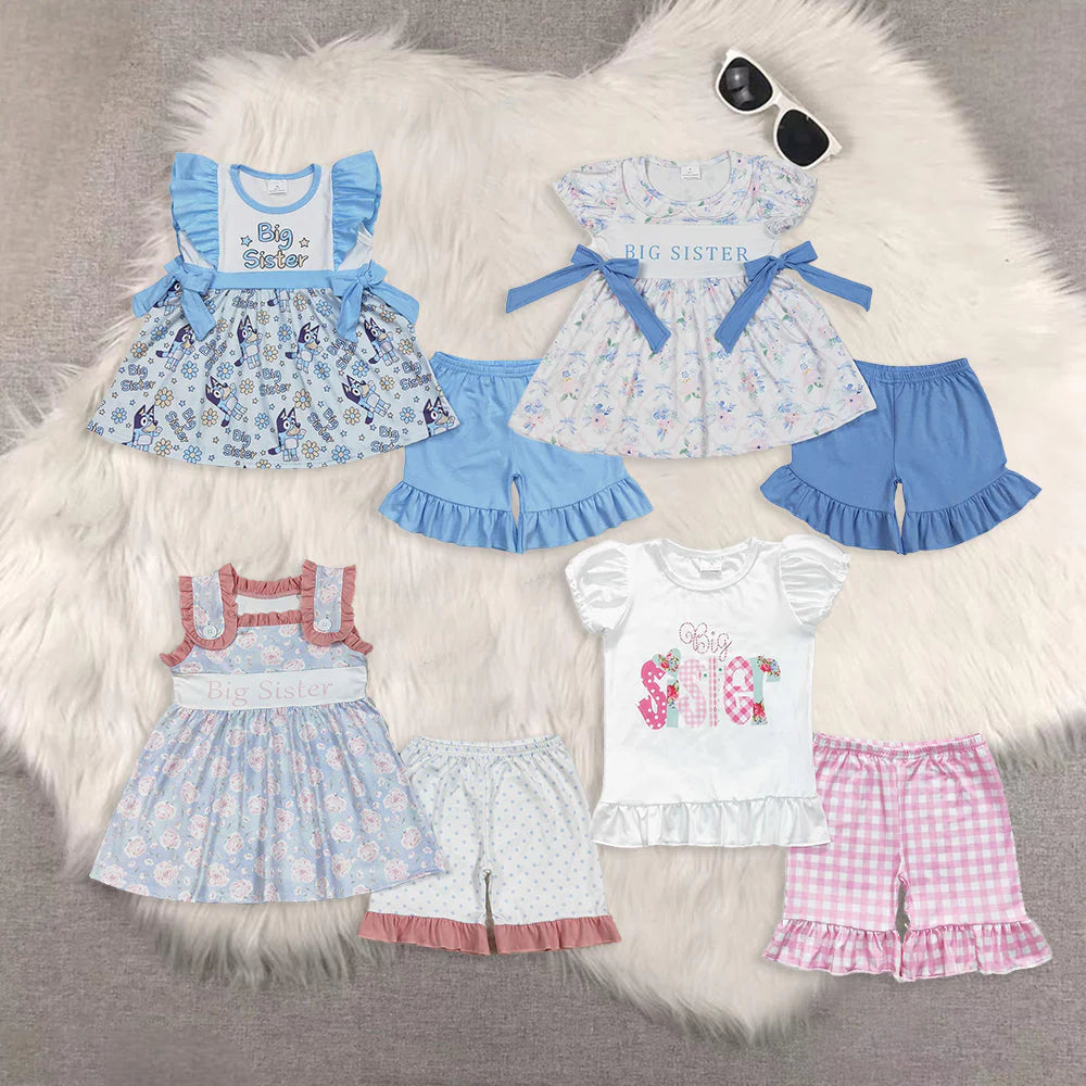 10.2 RTS Sibling Baby Girls Big Sister Floral Bows Tunic Ruffle Shorts Clothes Sets