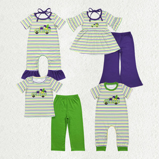 10.22 RTS Sibling Baby Boys Girls Embroidery Truck Anchors Stripe Mardigras Clothes Sets Footie Rompers