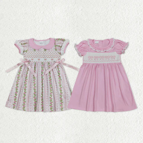10.13 RST Sibling Baby Girls Pink Smocked Embroidery Bows Flowers Ruffle Sleeve Collar Knee Length Dresses