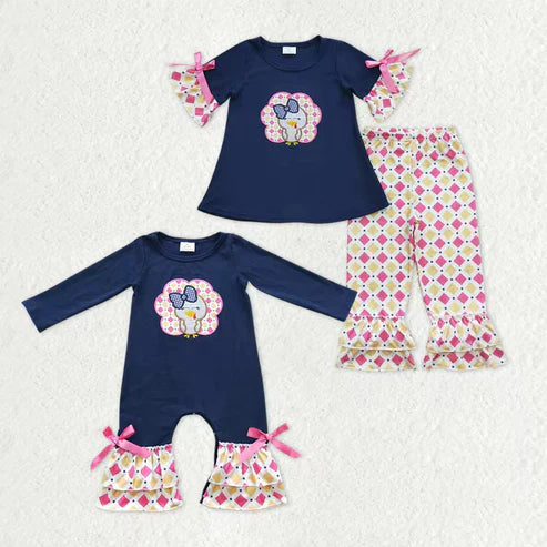 9.19 RTS Sibling Baby Girls Embroidery Turkey Tunic Checked Pants Thanksgiving Clothes Sets Rompers