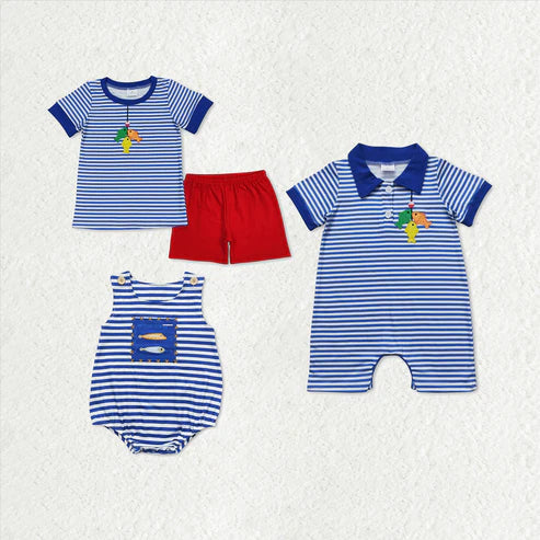 9.30 RTS Sibling Brother Baby Boys Embroidery Fishing Blue Stripes Summer Clothes Sets Rompers
