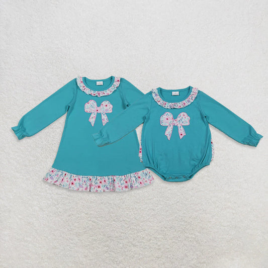 10.20 RTS Sibling Embroidery Floral Bows Baby Girls Knee Length Dresses Ruffle Collar Rompers