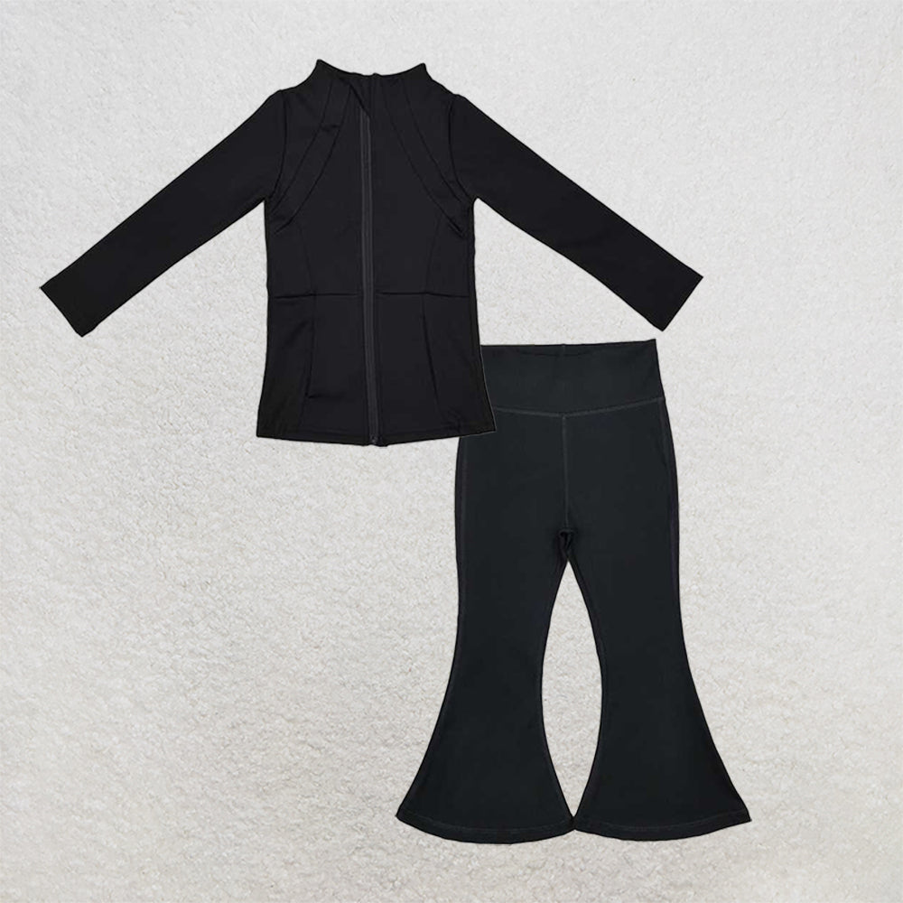 New Rts No Moq 8-9 Days By Air Arrived it Black Long Sleeve Zipper Baby Girl Yoga Shirt And Yoga Pants Set for Kids Comfortable Breathable Two-Piece Outfit