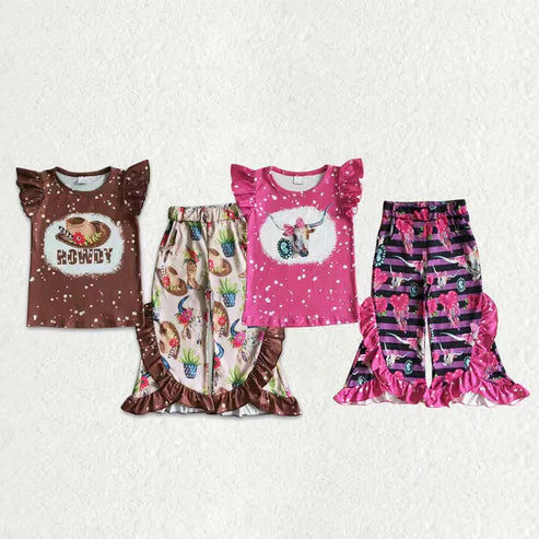 10.10 RTS Sibling Baby Girls Western Howdy Bull Skulls Shirts Ruffle Bell Bottom Pants Clothes Sets
