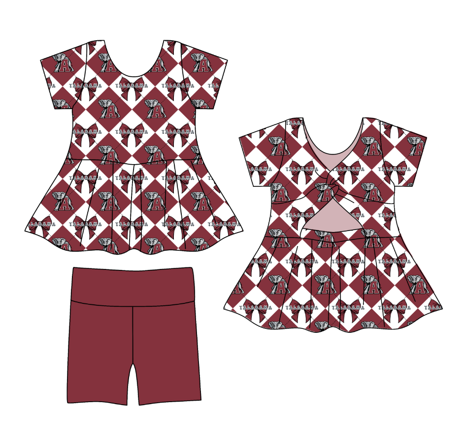 CUSTOM MOQ 5 Baby Girl Clothes Dark Red Bow Team Short Sleeve Shorts Yoga Active Clothes Sets