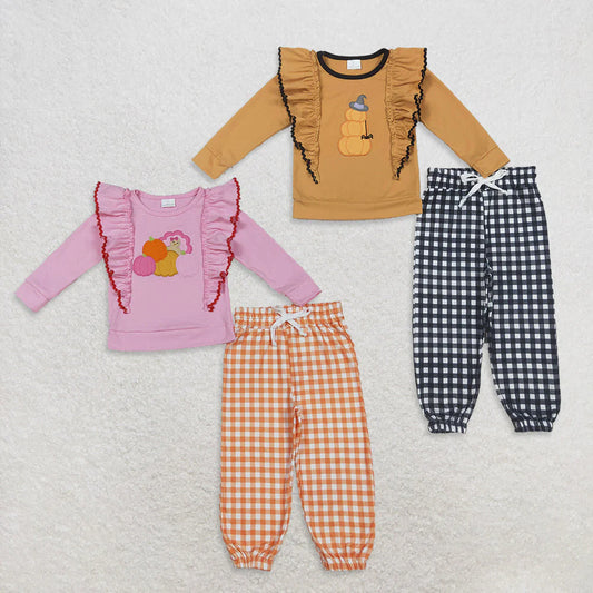 10.21 RTS Sibling Embroidery Turkey Pumpkins Spider Baby Girls Flutter Top Jogger Fall Clothes Sets