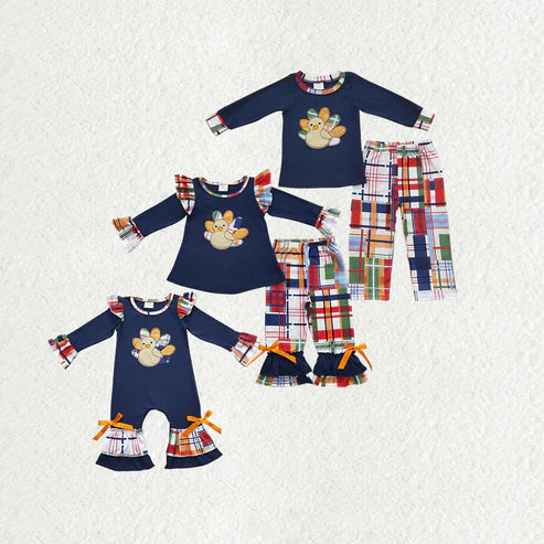 9.19 RTS Sibling Baby Boys Girls Embroidery Turkey Long Sleeves Thanksgiving Clothes Sets Rompers