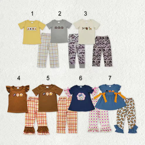 9.22 RTS Sibling Baby Boys Girls Embroidery Turkey Pie Short Sleeves Pants Thanksgiving Clothes Sets