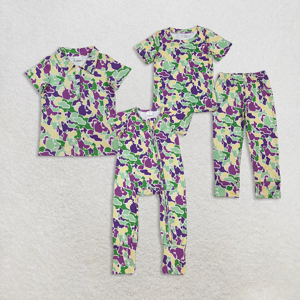 10.23 RTS Sibling Baby Boys Mardigras Camo Pant Pajamas Sets Two Way Zip Convertible Rompers Polo Shirts Top
