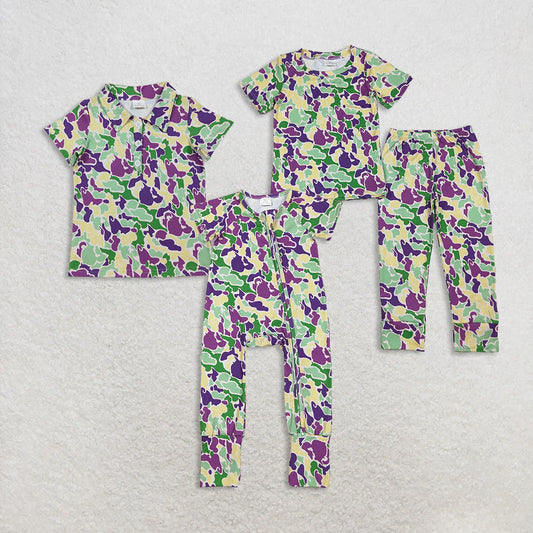 10.23 RTS Sibling Baby Boys Mardigras Camo Pant Pajamas Sets Two Way Zip Convertible Rompers Polo Shirts Top