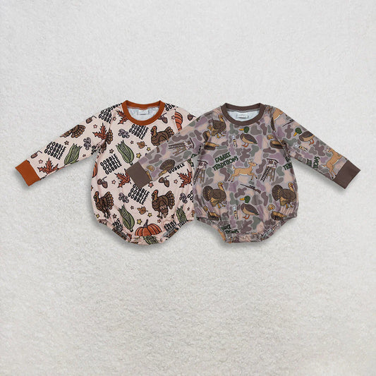 10.23 RTS Sibling Baby Boys Brown Camo Turkey Pumpkins Thanksgiving Hunting Rompers