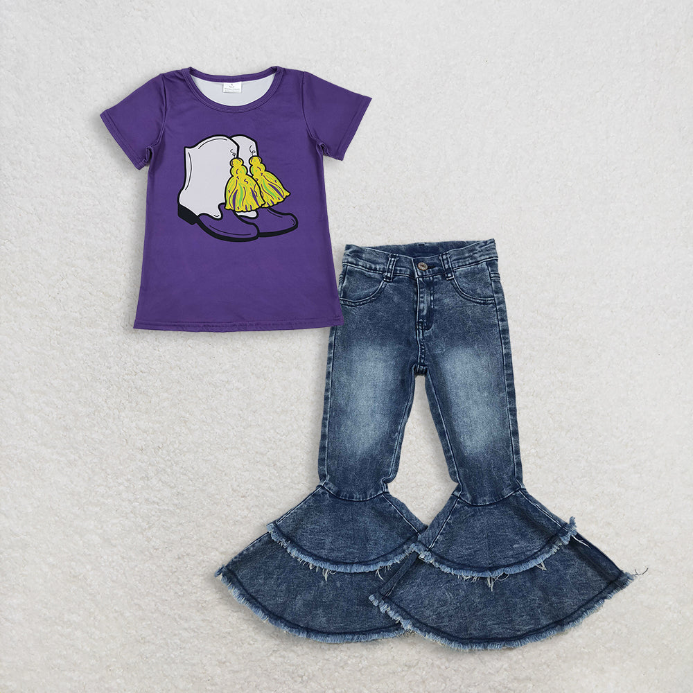 3.3 RTS NO MOQ (In stock)GT1254 + C5-15 Baby Girls Mardi Gras Purple Boots Top Denim Jeans Pants Clothes Sets