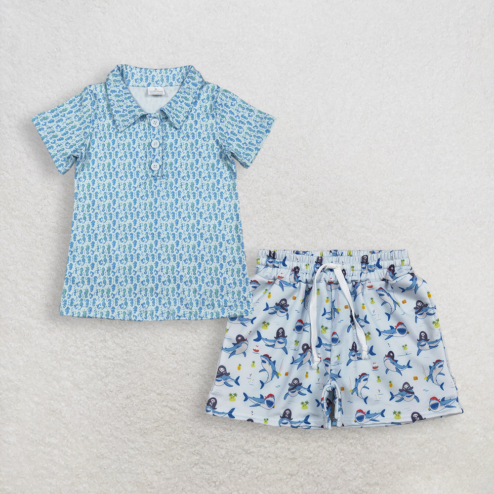 3.14 RTS NO MOQ (In stock)BT1113 + S0586 Fashion Clothing For Baby Boys Blue Short Sleeve Seahorses Button Polo Shirts Tops Swimming Trunks Bottom