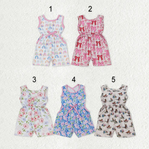 10.16 RTS Sibling Baby Girls Sleeveless Flowers Bows Pockets Shorts Jumpsuits