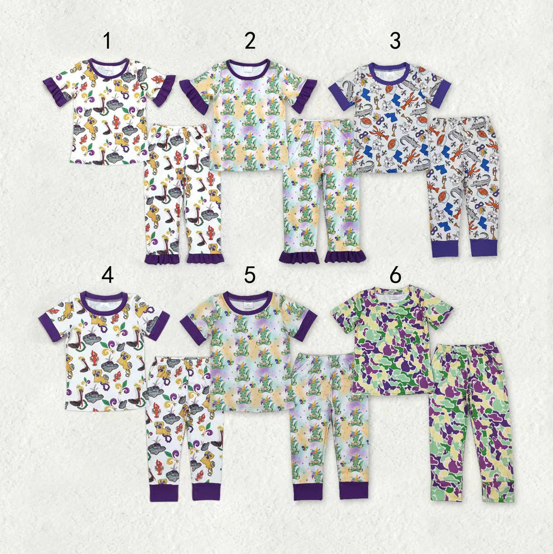 10.22 RTS Sibling Baby Boys Girls Mardigras Top Pants Pajamas Sets