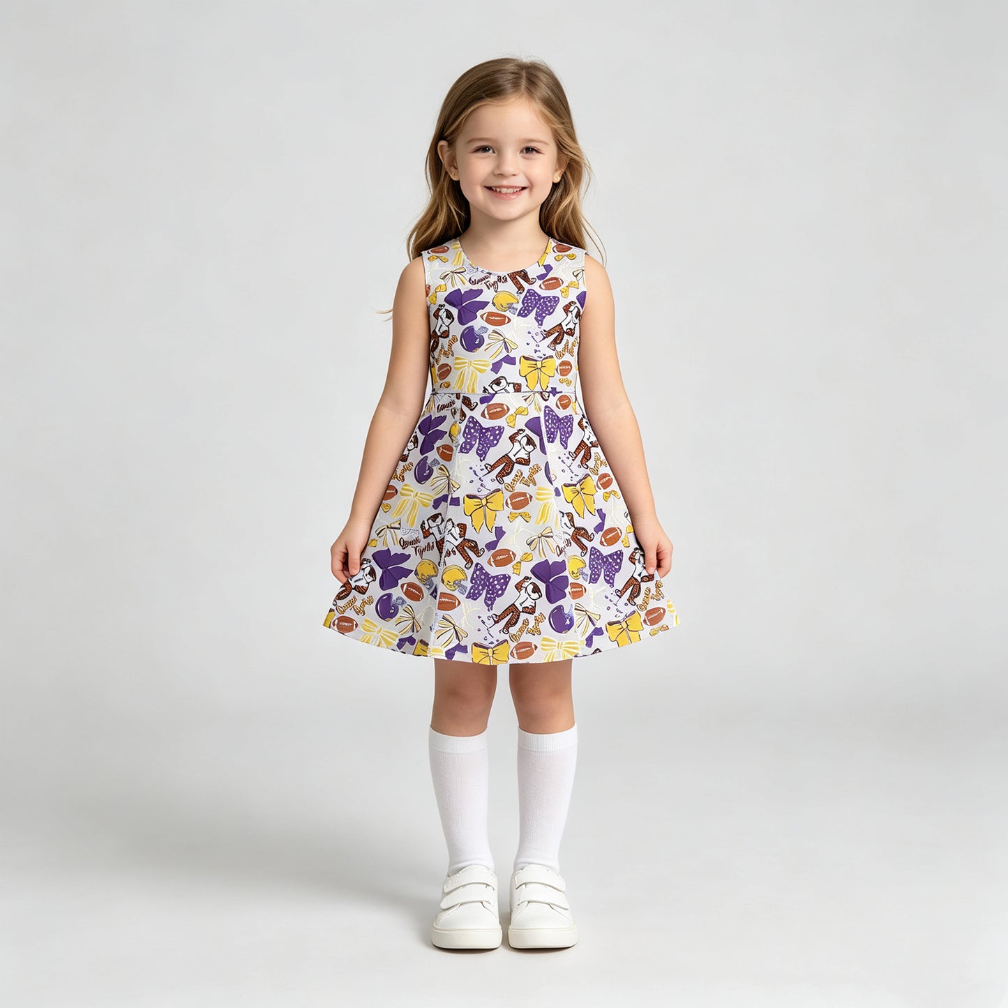 GSD3801 RTS NO MOQ (In stock)Baby Girls Footballs Bows Yoga Active Shorts Knee Length Dresses