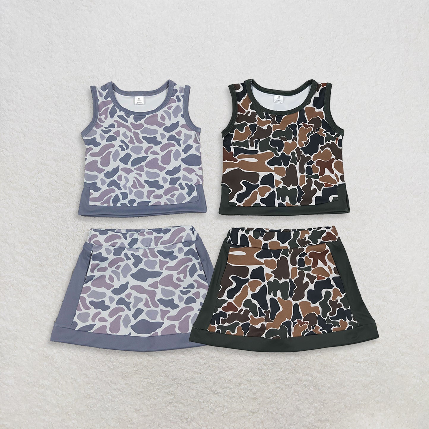 RTS Sibling yoga fabric Baby Girls Camo Print Sleeveless Vest Top Skort Two Piece Yoga Active Summer Outfit Set