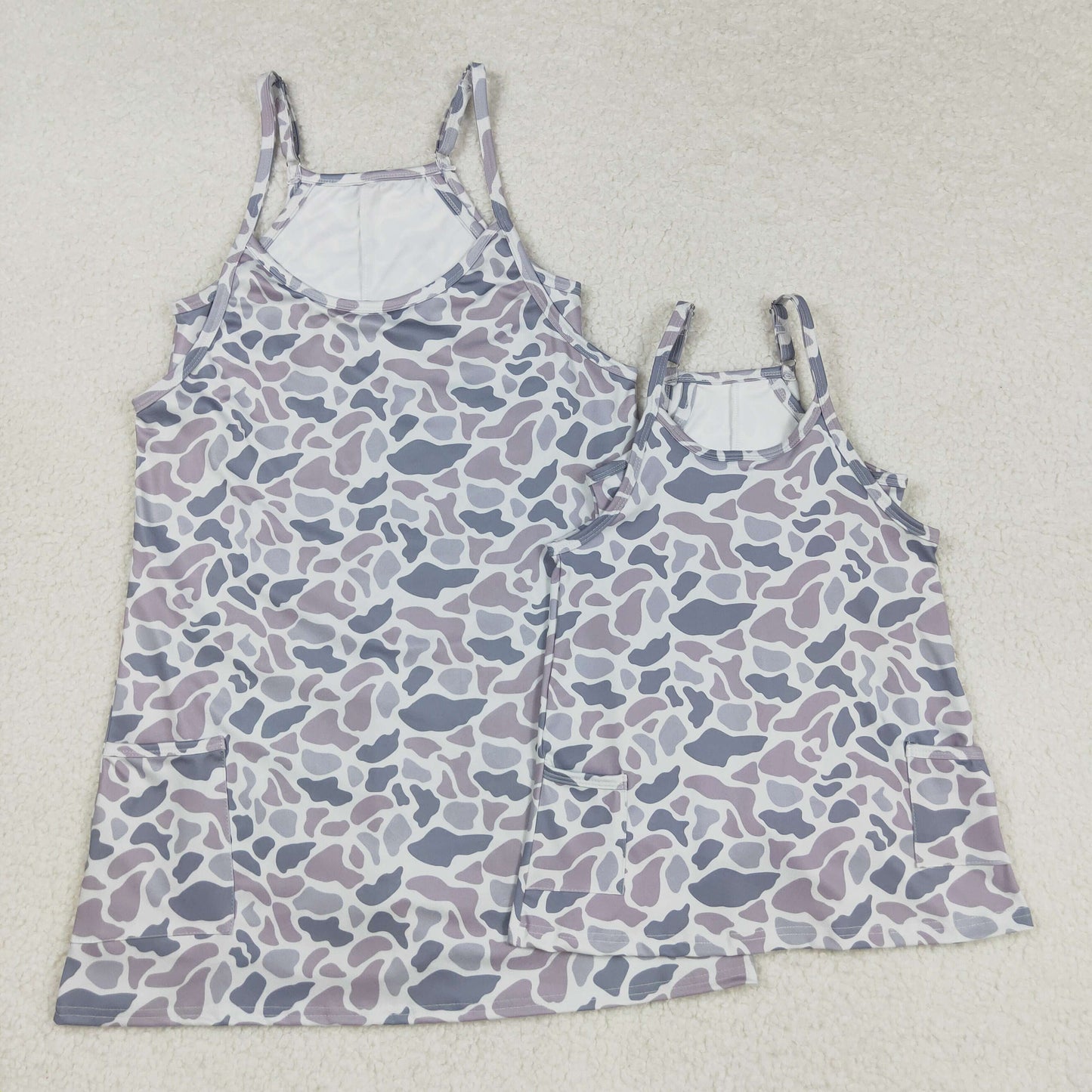 8.23 RTS Sibling Grey camo straps adult women and baby summer athletic dress
