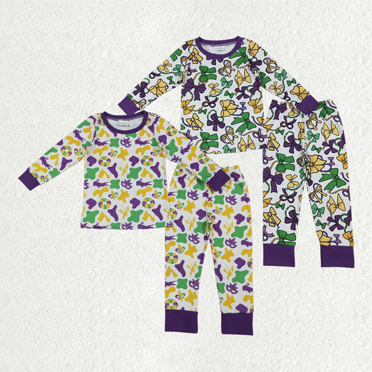 10.22 RTS Sibling Baby Boys Girls Mardigras Camo Crayfishes Bows Top Pants Pajamas Sets