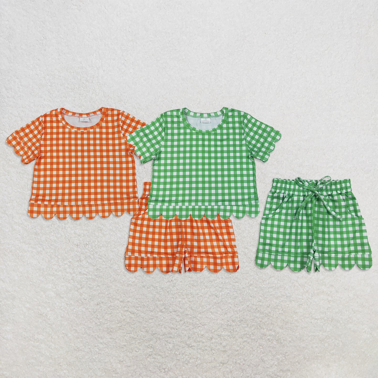 RTS Sibling Baby Girls Checked Shirt Top Matching Scallop Shorts Clothes Set