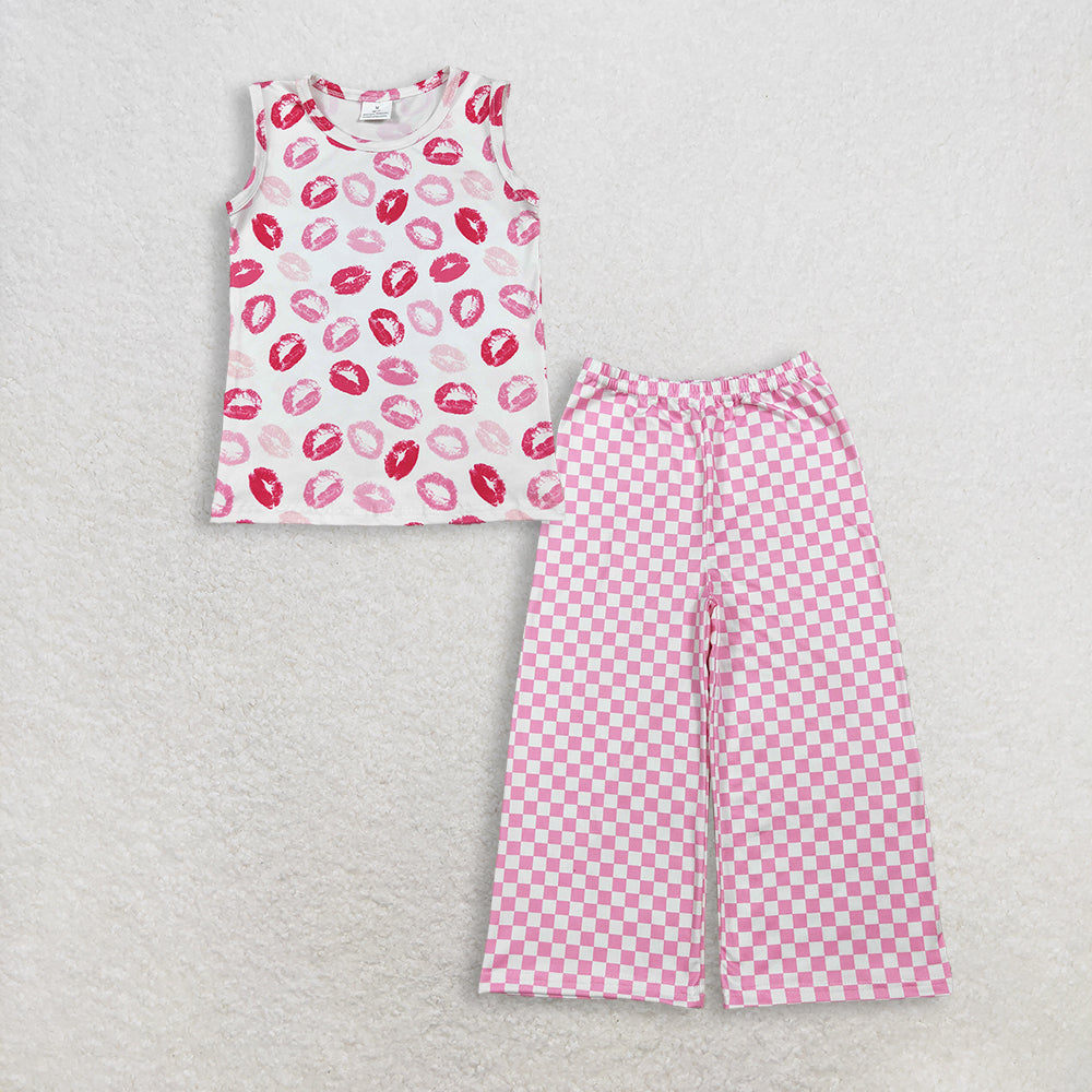3.12 RTS NO MOQ (In stock)GT1419 + P1018 Baby Girls Sleeveless Pink Mouths Valentines Vest Tops Checked Flare Pants Bottom