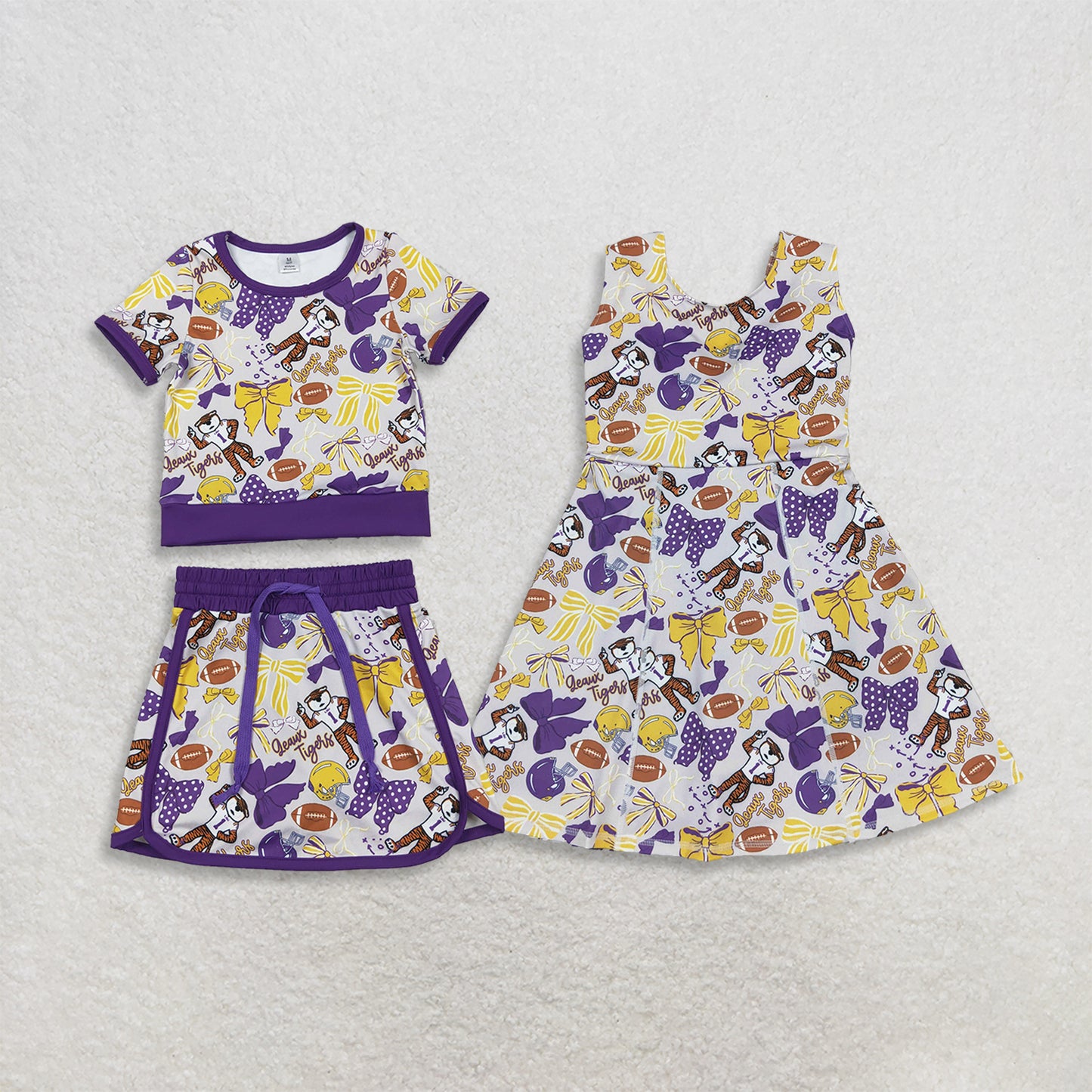 RTS Sibling yoga fabric Baby Girls Bow Football Print Short Sleeve Top Skort Summer Team Yoga Active Outfit Set Shorts Knee Length Dresses