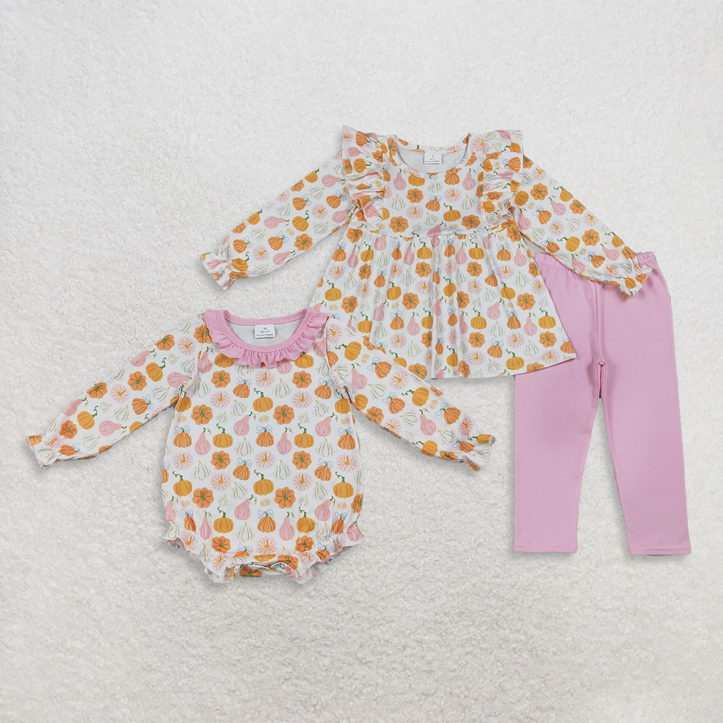 RTS NO MOQ Sibling milk silk Baby Girls Fall Pumpkin Print Tunic Top Matching Legging Pant Clothes Set Ruffle Rompers