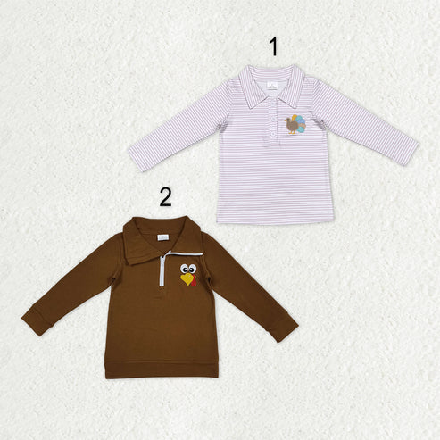 9.25 RTS Sibling Baby Boys Embroidery Turkey Thanksgiving Zipper Pullovers Tops