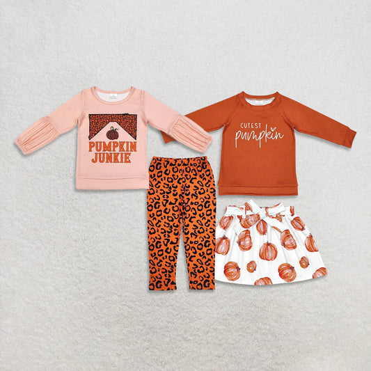 10.23 RTS Sibling Baby Girls Pumpkins Top Leopard Leggings Skirts Bottom Fall Clothes Sets