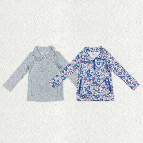 10.13 RTS Sibling Baby Girls Pink Blue Flowers Pockets Zipper Yoga Active Pullovers Top