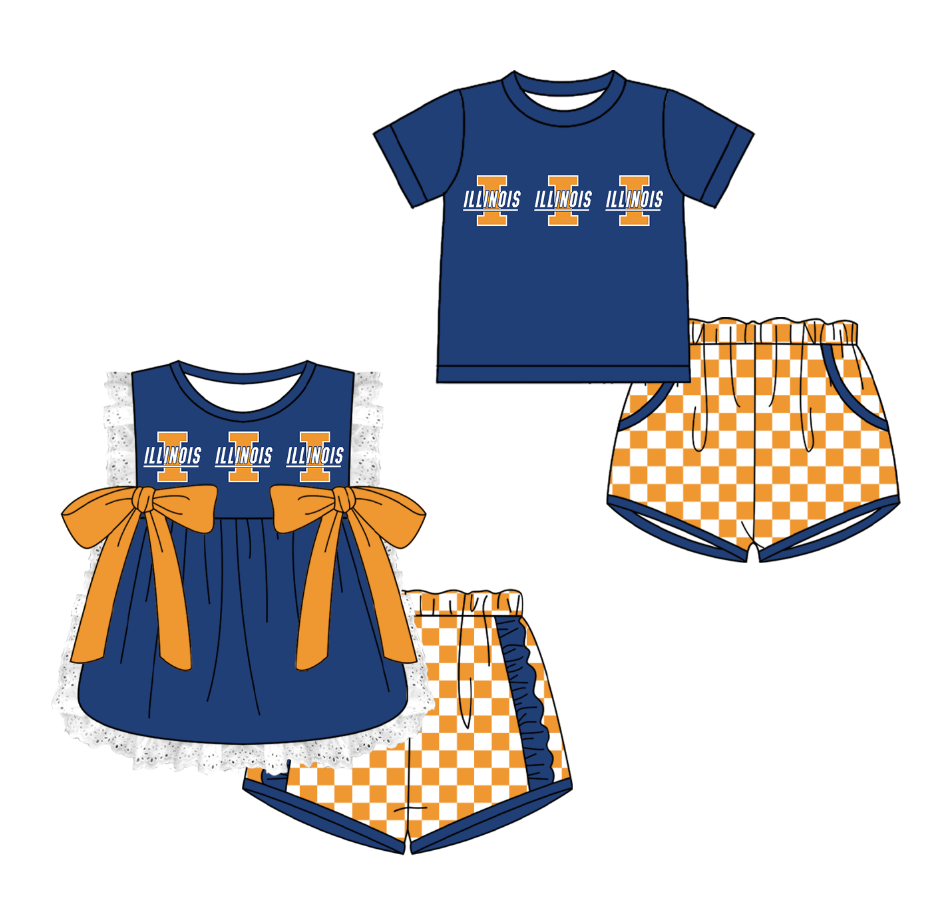 CUSTOM MOQ 5 Cute Kids Clothing Sibling Boys Baby Girls Summer Blue Bow Top Orange Checked Shorts Team Clothes Sets