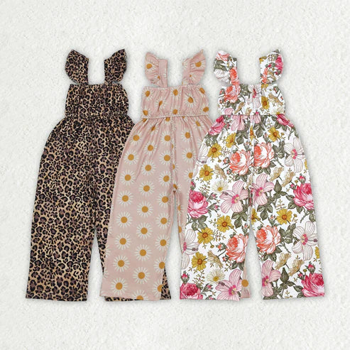 10.16 RTS Sibling Baby Girls Flutter Sleeves Peach Daisy Flowers Leopard Bell Jumpsuits